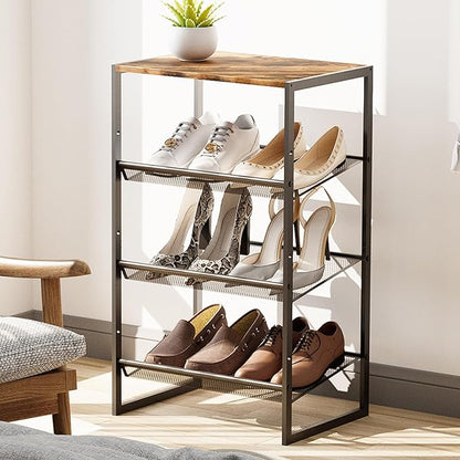 Garden 4 you 4 Tiers Narrow Shoe Rack,Small Space Freestanding Shoe Storage Organizer with Brown Wooden Tabletop,Adjustable Metal Shelf Stackable Shoe Shelf for Entryway Hallway Living Room Closet