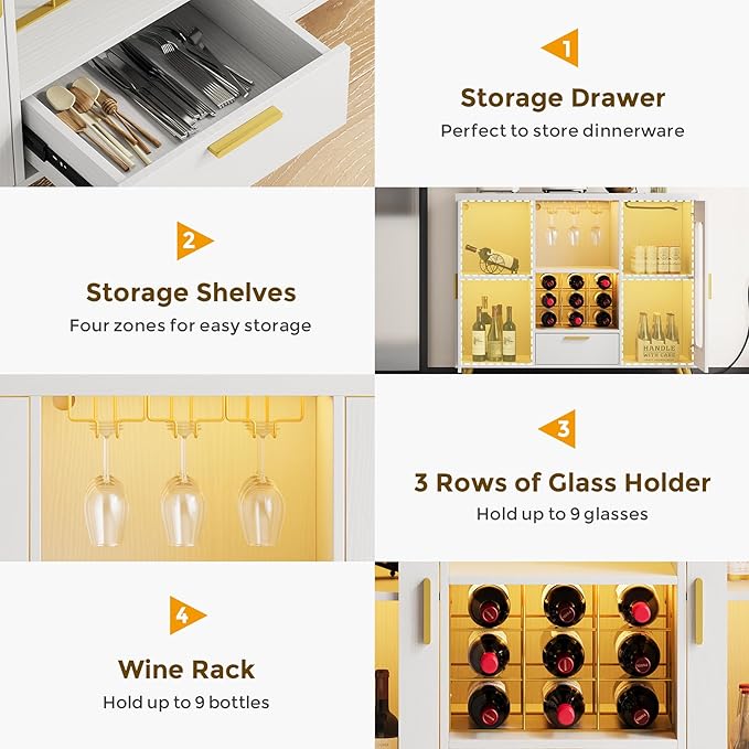 Bar Cabinet with Power Outlets, Modern Coffee Bar Sideboard with LED Light, Farmhouse Liquor Cabinet with Wine Rack, Glass Holder & Wine Storage, White