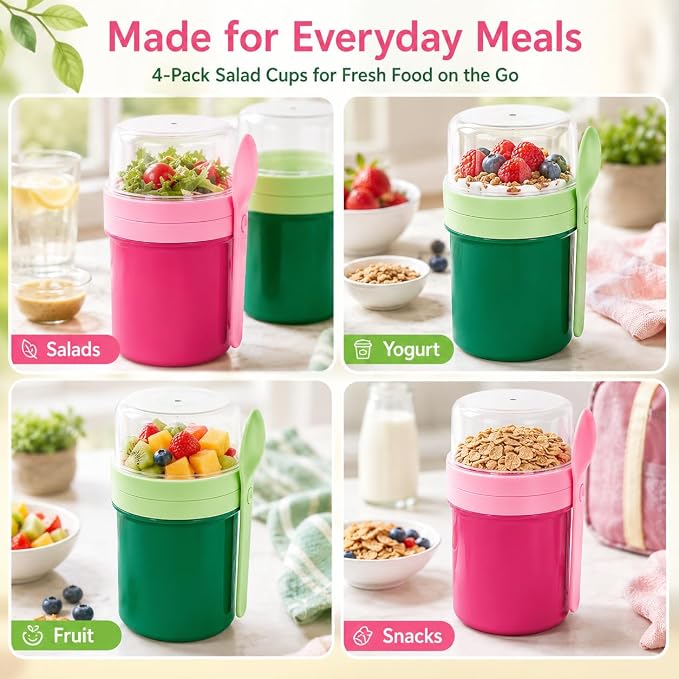 27oz Reusable Yogurt Parfait & Overnight Oats Cups – 100% Leakproof with Lid & Spoon, 4-Pack for Meal Prep, Breakfast & Gym Lunch(Pink,Green