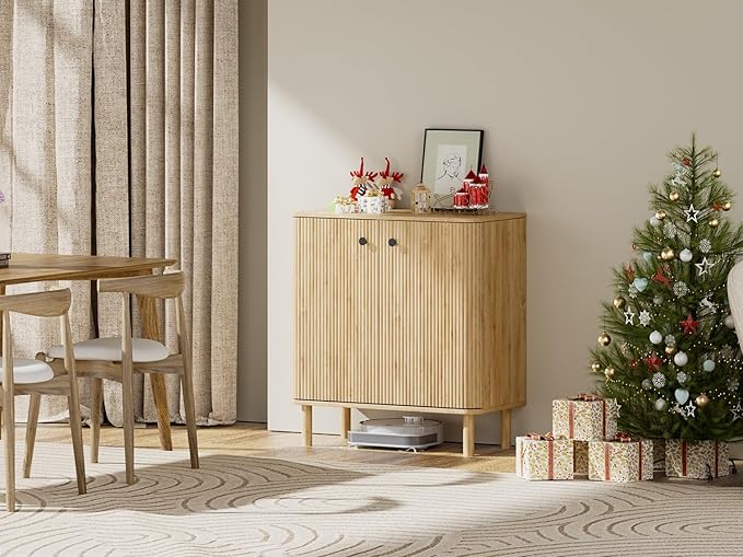 Fluted Sideboard Cabinet, Modern Buffet Cabinet, Small Storage Cabinet with Adjustable Shelves & Wood Legs, Accent Credenza Sideboard for Kitchen, Coffee Bar, Living Room, Entryway, Hallway