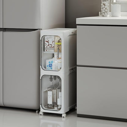2-Tier Narrow Storage Cabinet, Slim Bathroom Storage Cabinet with Adjustable Shelves and Wheels, Narrow Organizer for Small Space, Bathroom, Kitchen, Laundry, White