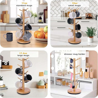Mug Holder Tree, Upgraded 360° Rotated 8 Hooks Coffee Mug Holders for Counter, Bamboo Mug Rack Stand for Coffee Bar Accessories