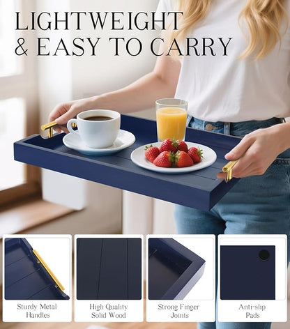 SXNOWS Coffee Table Tray - Large Ottoman Tray for Living Room - Wood Serving Tray with 2 Sets of Handles - Wooden Trays for Coffee Tables, 4 Round Coasters Included, Deep Blue