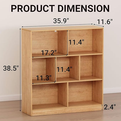 7-Cube Wooden Bookshelf with Base,3-Tier Freestanding Open Storage Organizer,Multi-Functional Bookcase for Living Room,Bedroom,Study and Office (Oak, 7-Cube)