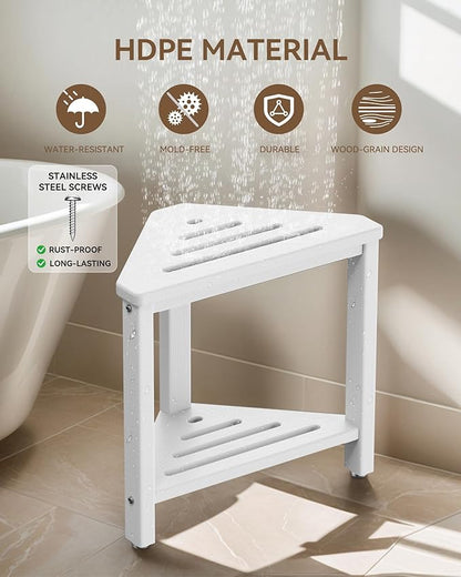 Shower Foot Rest 15in, HDPE Waterproof Shower Stool for Inside Shower, Corner Shower Stool for Shaving Legs with Storage Shelf for Small Space, Shower Step Stool, Plastic Corner Shower Bench, White