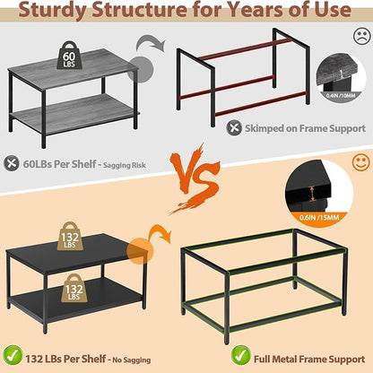 SUPER DEAL 2-Tier Industrial Coffee Table with Storage Shelf for Small Apartment Living Room, Rectangle Wood and Stable Metal TV Stand Side End Table, Black