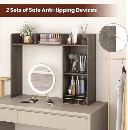 Desk Hutch, Desktop Shelf with 5 Shelves, Desk Bookshelf w/Anti-Toppling Devices, Wood Table Top Bookshelf Organizer, Small Desk Shelf for Study, Office, Dorm (Grey, 5 Shelves)