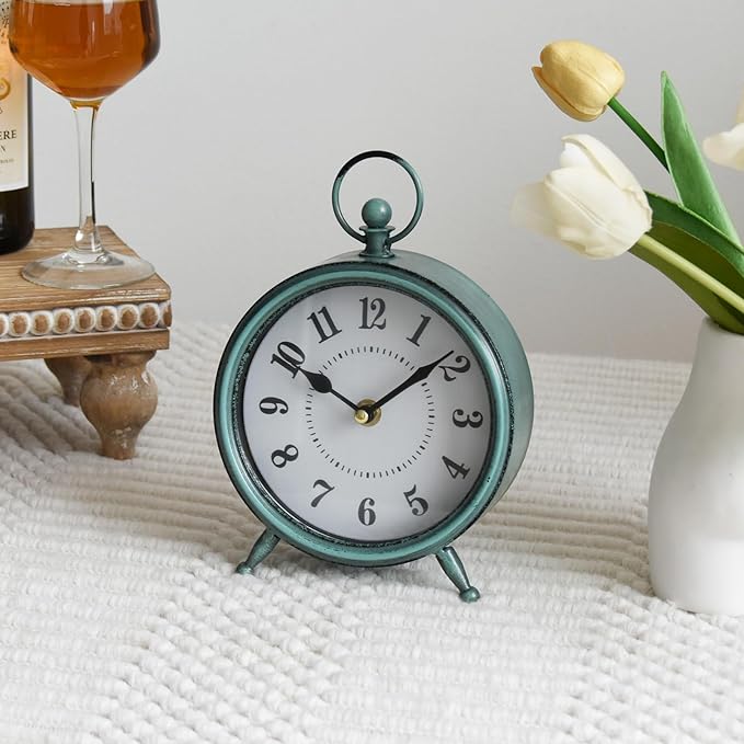 MACVAD Vintage Small Rustic Green Table Clock on Stand - Decorative Desk and Shelf Clock, Battery Operated, Silent Non-Ticking Timepiece Perfect for Office, Living Room, and Bedroom Decor