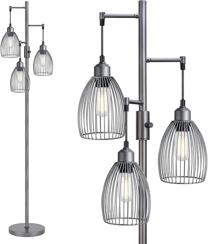 Torondo Dimmable Industrial Floor Lamps for Living Room, Gray Tree Standing Tall Lamps with 3 Elegant Teardrop Cage Head & 800 Lumens LED Bulbs for Bedroom Office