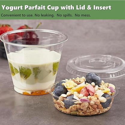 Zezzxu 50 Pack 9 oz Disposable Parfait Cups with Lids No Hole, Toppings Compartment and Spork, Yogurt Conatiner with Granola Holder for Take Away Breakfast and Snacks, No Leaking