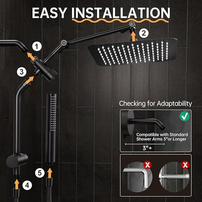 Veken All Metal 10" Black Shower Head with Handheld, Luxurious Square Double Rain Shower Heads with Spray Combo, Dual High Pressure Detachable Rainfall Showerhead with Arm,Bathroom Upgrade,Matte Black