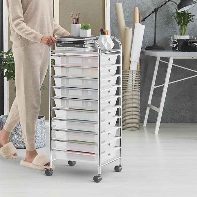 OFFICEJOY Storage Cart, Rolling Utility Cart with 10 Drawers, Portable Handles & Lockable Wheels, Mobile Paper Toys Storage Organizer Large Capacity for Home Office School Teacher (Clear)