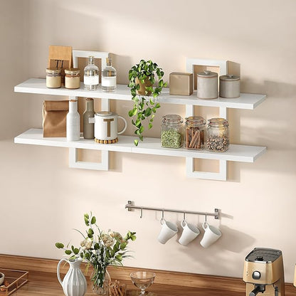 HOOBRO Floating Shelves, 15 Inch Wall Shelf Set of 2, Wall Mounted Storage Shelves 2-Tier, Hanging Bathroom Shelves, for Living Room, Bedroom, Bathroom, Kitchen, White WW32BJ01