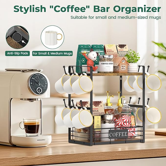 EsLuker.ly Coffee Mug Cup Holder Tree Bar Station Organizer, 2 Tier Mug Stand Rack for Countertop Kitchen, Storage Tower Display Shelf with 12 Hooks, Coffee Nook Enhancer, Vintage Brown Black