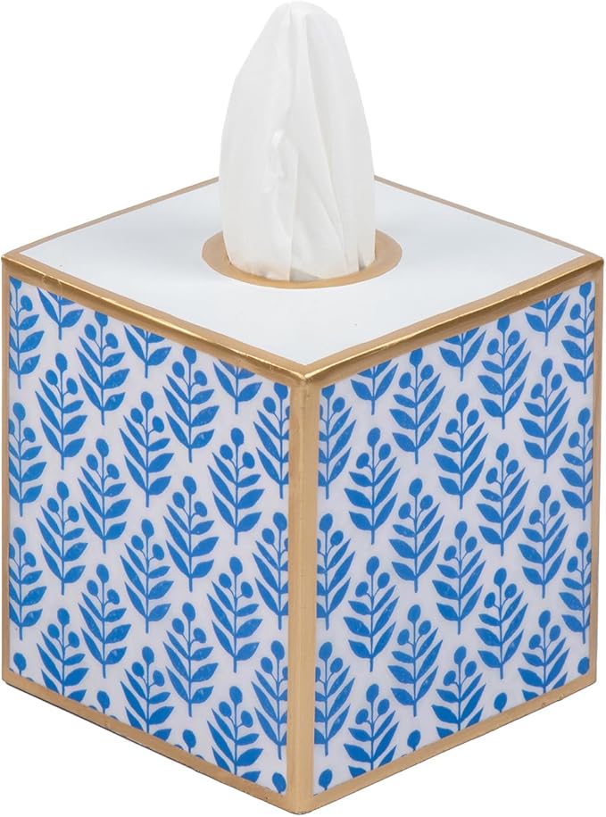 Jaye’s Studio Lottie Decorative Blue Tissue Box Cover Square, Bottomless Enameled Metal Decorative Tissue Holder for Bathroom, Bedroom Vanity, Office, Handpainted Blue and White Floral Bathroom Decor