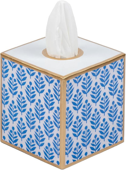 Jaye’s Studio Lottie Decorative Blue Tissue Box Cover Square, Bottomless Enameled Metal Decorative Tissue Holder for Bathroom, Bedroom Vanity, Office, Handpainted Blue and White Floral Bathroom Decor