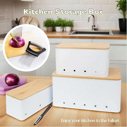 Modern kitchen storage container, stacked metal storage box, 3-piece set with wooden lid design, onion, garlic, potato metal cans, breathable storage box (White)