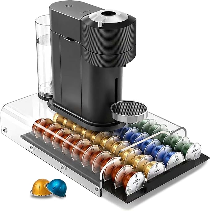 Upgraded Nespresso Vertuo Pod Holder,Clear Acrylic Coffee Pod Drawer Organizer with 40 Pods Capacity,Smooth Gliding Roller & Heavy Duty 48lbs Top Load,Anti-Drop Nespresso Vertuo Capsule Storage