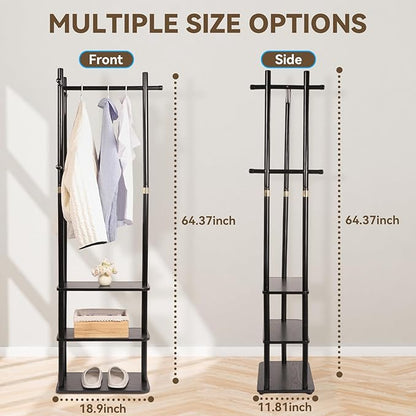 Wood Coat Rack Freestanding Clothing Rack with 3 Storage Shelves and 5 Hooks Coat Tree Heavy-Duty Garment Rack for Corner Entryways Living Rooms and Bedrooms, Black