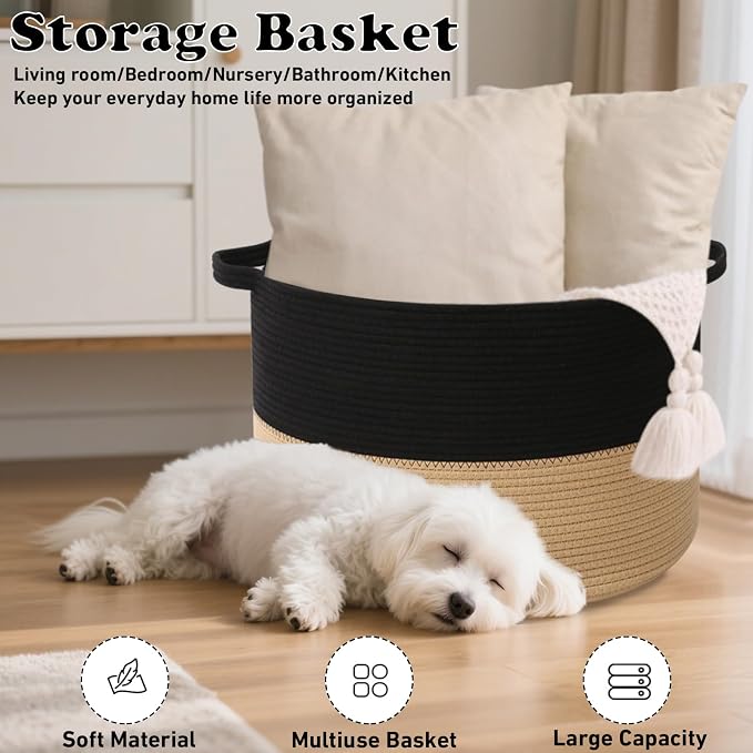 90L Extra Large Blanket Basket,Woven Laundry Basket Hamper with Handles, Decorative Nursery Basket Storage Bin for Toys, Clothes Organizer, Living Room, Bedroom, Bathroom, Black&Camel