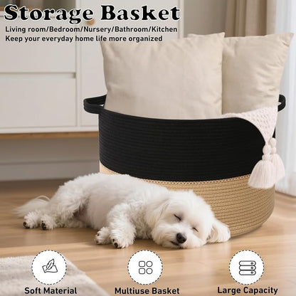 90L Extra Large Blanket Basket,Woven Laundry Basket Hamper with Handles, Decorative Nursery Basket Storage Bin for Toys, Clothes Organizer, Living Room, Bedroom, Bathroom, Black&Camel