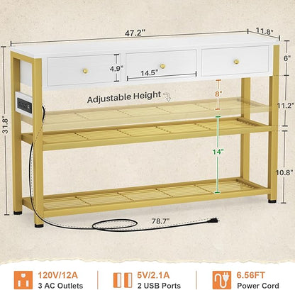 Ecoprsio 47'' Entryway Table with Outlets and USB Ports, Console Table with 3 Drawers, Sofa Table Narrow Long with Storage Shelves for Living Room, Couch, Hallway, Foyer, White and Golden