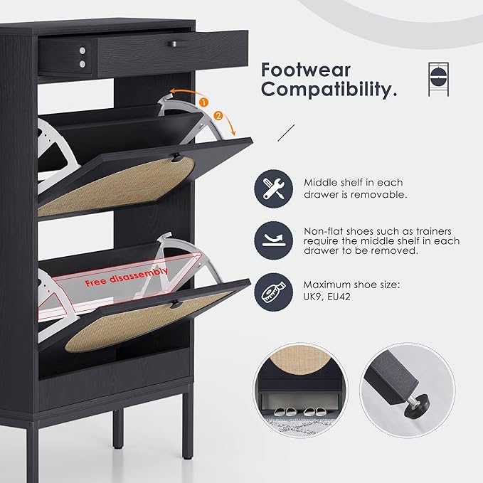 Yechen Shoe Rack Storage Organizer with 2 Natural Semi-Circular Rattan Doors, Entryway Wooden Shoe Cabinet for Sneakers, Leather Shoes, Heels, Slippers (Black)