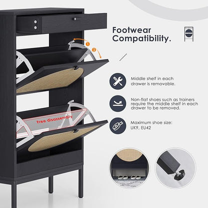 Yechen Shoe Rack Storage Organizer with 2 Natural Semi-Circular Rattan Doors, Entryway Wooden Shoe Cabinet for Sneakers, Leather Shoes, Heels, Slippers (Black)