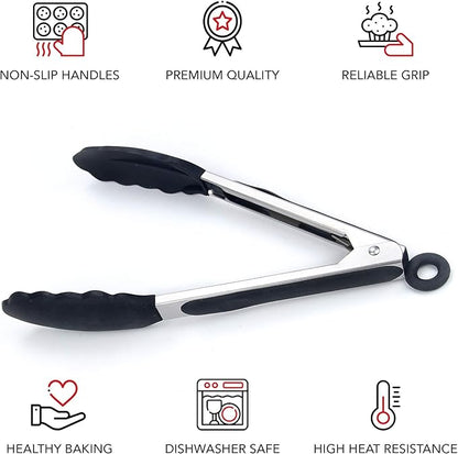 Kitchen Tongs for Cooking with Silicone Tips by Boxiki Kitchen, BPA Free Stainless Steel set of 2 Silicone Tongs for Cooking, Grilling & Toss a Salad, Heat Resistant Grill Tongs for Serving Food.
