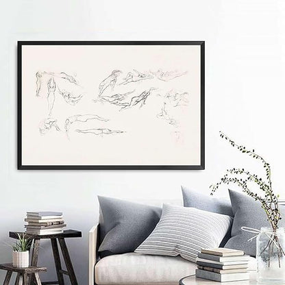 SENLYCH Canvas Painting Poster and Print Vintage Swimmer Art Sketch Beachy Wall Art Summer Home Decor Swimmer Neutral Art Print Modern Home and Bedroom Decoration 16x24inch Metal Frame