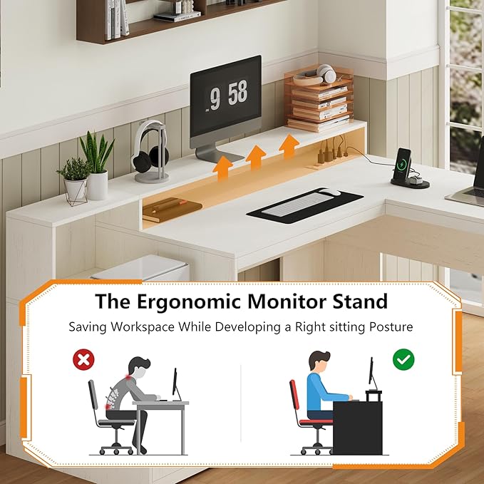 63" Farmhouse L Shaped Executive Desk with Drawers & Storage Shelf, Corner Computer Desk with Power Outlets, L Shaped Office Desk with Monitor Stand, Printer Shelf, White