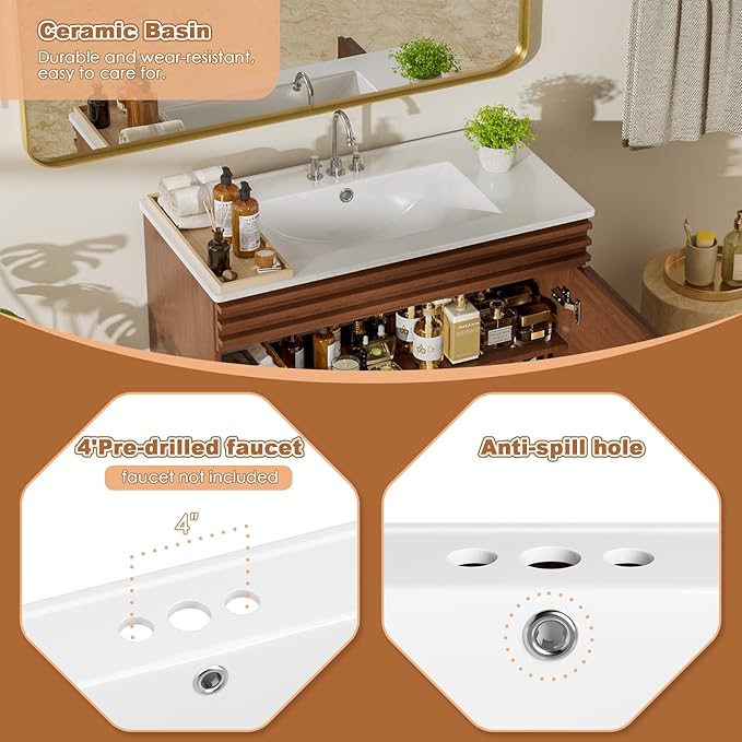 ROOMTEC 36" Bathroom Vanity with Sink, Mid-Century Freestanding Bathroom Vanity Sink with Storage, Undermount Ceramic Sink, Particleboard Frame with Wood Grain Laminate, Walnut