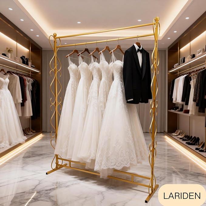 81"Tall Gold Clothing Rack for Hanging Long Dresses Clothes, Garment Racks Wedding Dress Display Stand Shoes Bags Clothes Scarf Organizer Freestanding Garment Rack for Retail Studio Wedding Dress