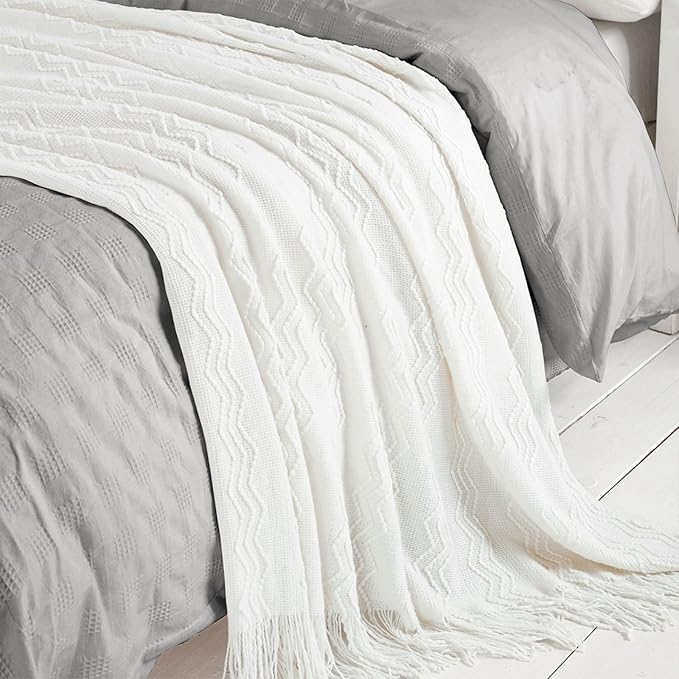 BOURINA Off White Throw Blanket 50 x90 Inches Throw Textured Solid Soft Sofa Throw Bed Runner Couch Cover Knitted Decorative Blanket Bed Runner