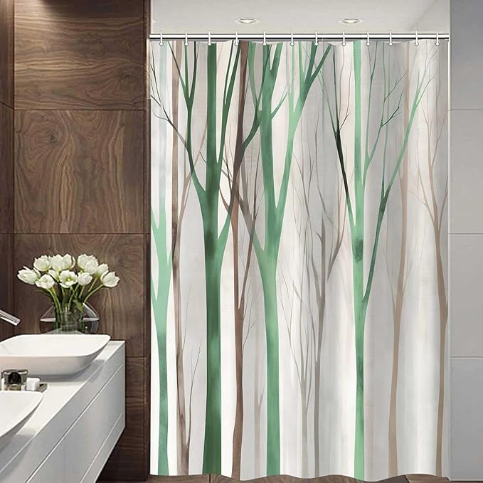 MERCHR Brown Green Tree Fabric Shower Curtain, Art Style Abstract Birch Forest Rustic Wood Polyester Fabric Waterproof Bath Curtain, Farmhouse Bathroom Shower Curtains with Hooks 60X72 Inch
