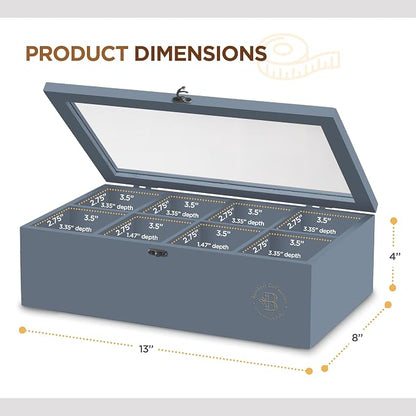 Tea Bag Organizer with Drawer - Gray Bamboo Tea Box Organizer, 8-Compartment Tea Storage Box with Acrylic Lid and Magnetic Closure, Tea Box for Kitchen Counter, Gifts for Mom, Wife, Tea Lovers (Grey)
