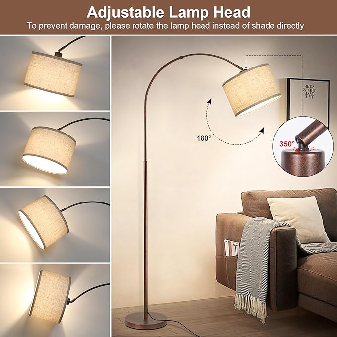 Floor Lamp for Living Room, Vintage Arc Floor Lamp with Adjustable Lamp Head, Tall Pole Lamp with On/Off Pedal Switch, Over Couch Arched Reading Light for Bedroom, Office, Study Room (Antique Bronze)