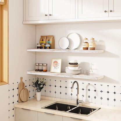 Vivelove Elm Wood Long Floating Shelves for Wall, 48 inches x 8” Deep Wooden Shelves, for Living Room Bedroom Kitchen Bathroom Office, Rustic Farmhouseme Decor, Set of 1 - Distressed Washed White