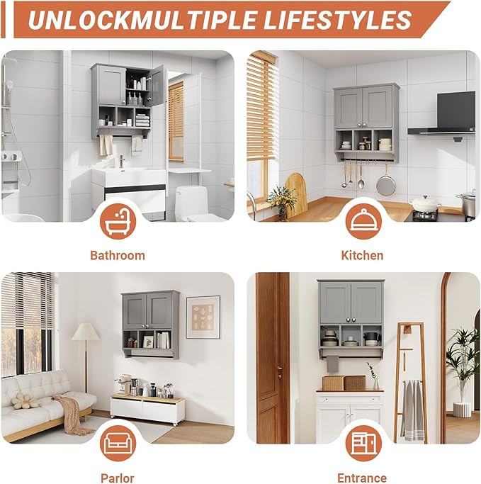 Over-The-Toilet Bathroom Storage Cabinet with Towel Bar, Space-Saving Wall Mounted Medicine Cabinet, 2 Doors & 1 Adjustable Shelf, Easy Install Grey Finish for Bathroom, Kitchen, Living Room