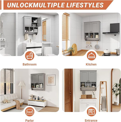 Over-The-Toilet Bathroom Storage Cabinet with Towel Bar, Space-Saving Wall Mounted Medicine Cabinet, 2 Doors & 1 Adjustable Shelf, Easy Install Grey Finish for Bathroom, Kitchen, Living Room