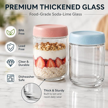 6 Pack Overnight Oats Containers with Screw Lid (3 × 10 oz, 3 × 16.7 oz) 2026 Upgraded High Borosilicate Glass Containers for Snacks Yogurt Spice Sugar, Wide Mouth Mason Salad Jars