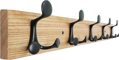 SKOLOO 30-Inch Wood Coat Rack Wall Mount with 5 Triple Hooks - Ideal for Family Entrances, Classrooms, and Pet Supplies Storage - Perfect Coat Hooks for Wall, Black on Natural