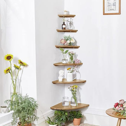 Conamily Corner Shelves, Floating Corner Shelf, Set of 2 Solid Oak Wood Wall Shelves, Round End Wall Mount with Wire Hole Shelving for Small Plant for Bedroom Kitchen, Living Room 8.7“