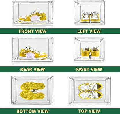 6 Pack X-Large Acrylic Display Case, Size 14 Clear Shoe Box Stackable Sneaker Display Case with Magnetic Lid Multipurpose Storage Bin for Closet for Purses, Handbags, Cosmetics, Collectibles