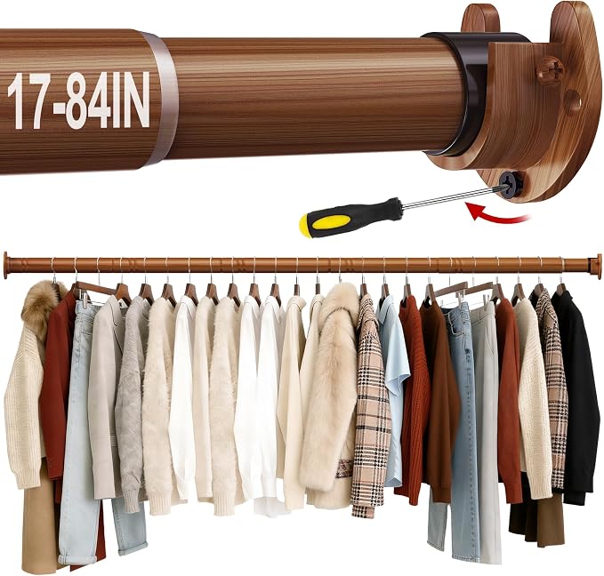 17 to 84 Inch Closet Rods for Hanging Clothes with Screwdriver, Stepless Adjustable Closet Rod Heavy Duty, 1.3 Inch Clothes Hanging Rod Metal Closets Bar for Wardrobes Laundry Bathroom RV, Dark Brown