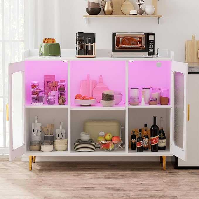 Liquor Cabinet Bar with Power Outlet and LED Light, Wine Bar Cabinet with Wine and Glasses Rack, Home Coffee Bar Cabinet, Buffet Sideboard with Storage Shelf for Kitchen, Dining Room, White