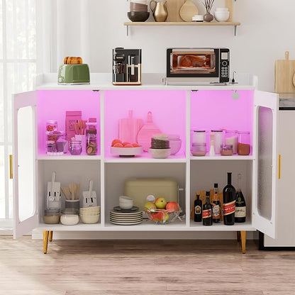 Liquor Cabinet Bar with Power Outlet and LED Light, Wine Bar Cabinet with Wine and Glasses Rack, Home Coffee Bar Cabinet, Buffet Sideboard with Storage Shelf for Kitchen, Dining Room, White