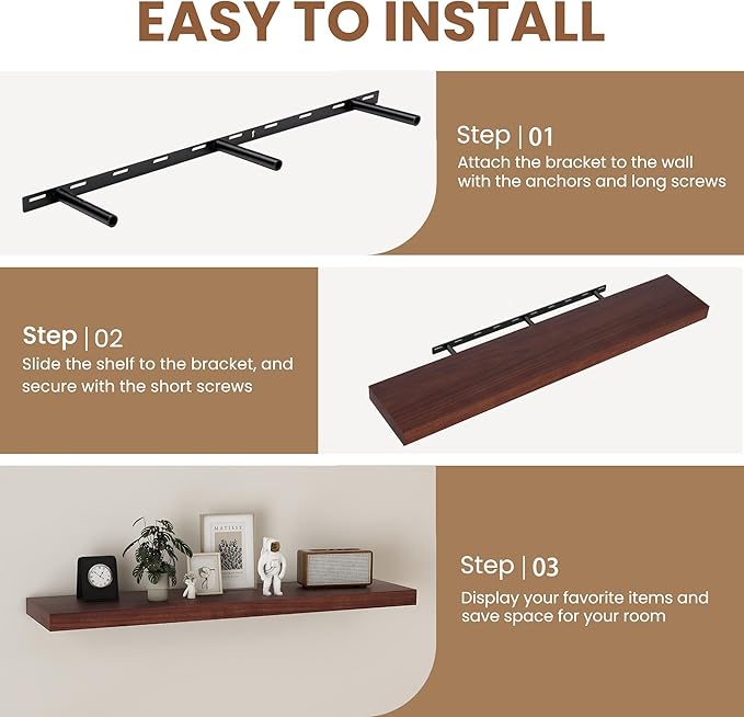 48" Solid Wood Floating Shelves, 9.3 Inch Deep Floating Shelves for Wall, Rustic Wooden Shelves for Wall Decor, Large Fireplace Mantel for Storage, Deep Floating shelf Set of 1, Red Brown