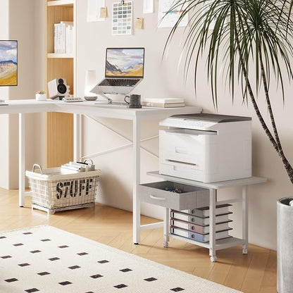 YAOHUOO 22"x15" Large Printer Stand with Drawer, 2-Tier Rolling Table Cart | Under Desk Printer Table,Storage Fabric Drawer,Fit printer/fax/3d/scanner,4 Lock Wheels or Feet,For Home Office Dorms,White