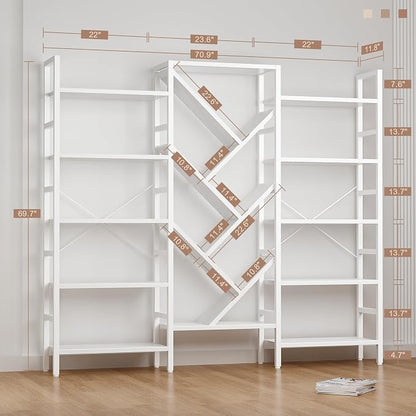 INNOD 70" Triple 5 Tier Book Shelf, Large Wooden Bookcase with 17 Open Display Shelf, Modern Tree Bookshelf Metal Frame Tall Bookshelf Furniture for Living Room Bedroom Home Office White
